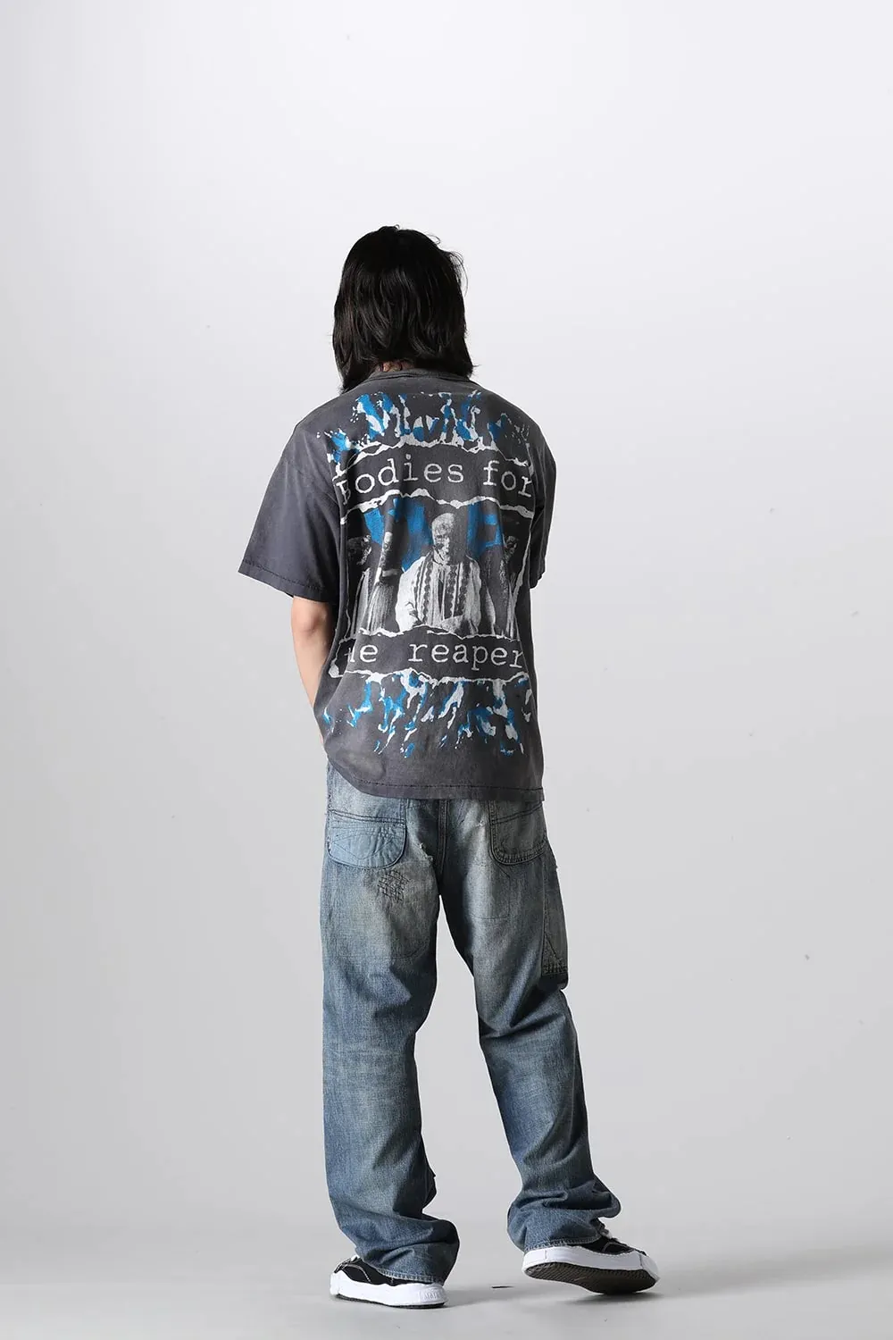 SAINT MICHAEL SS TEE/B FOR REAPER Jesus Hell's Angels Washed and Distressed Short Sleeves Washed Black S-XL Garment Dyed Printed Washed and Distressed